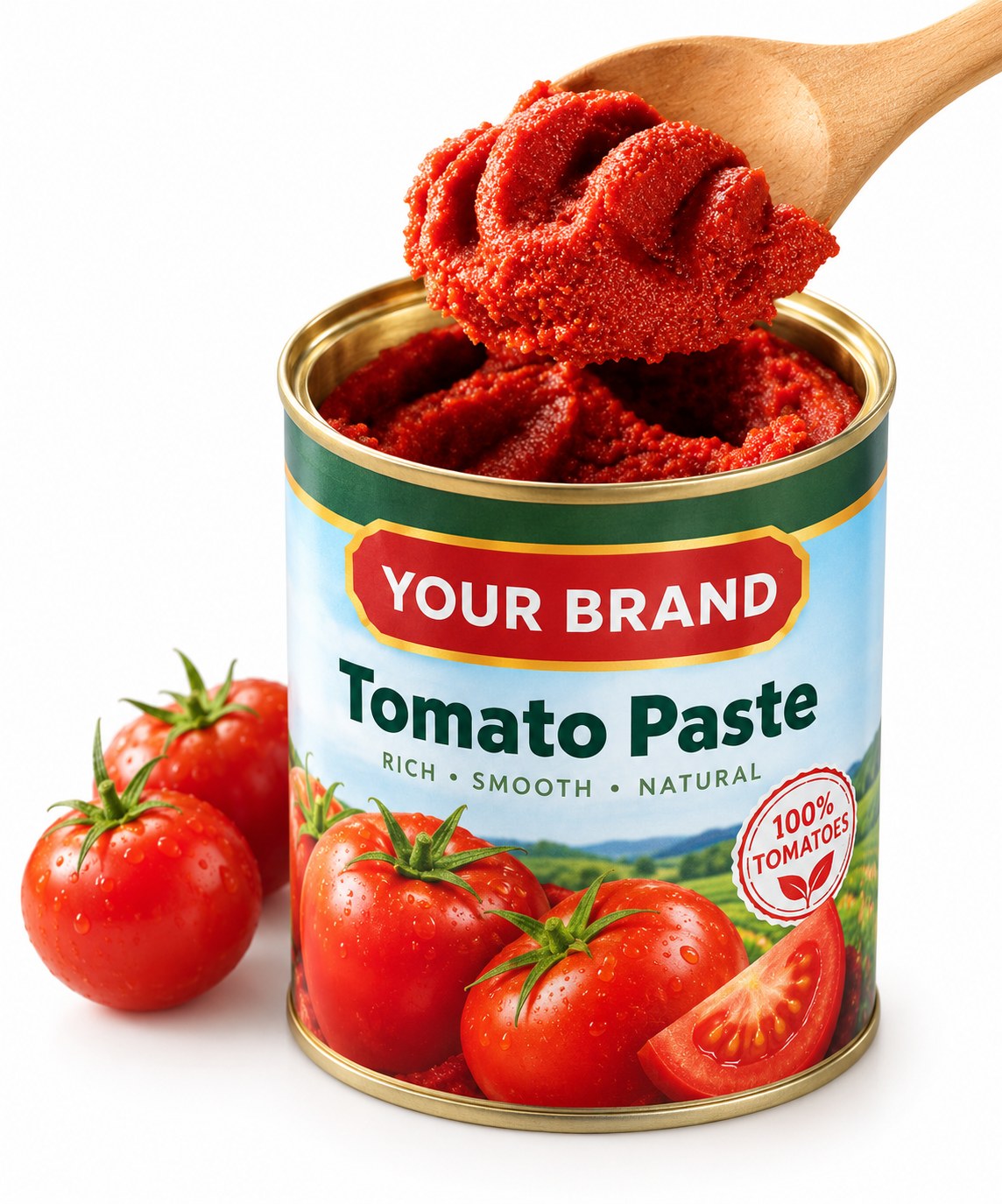 An own-label tomato paste can, open, with a spoonful lifted out