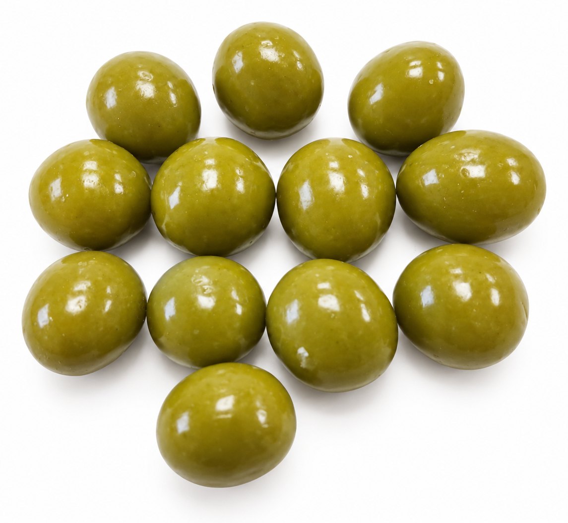 Matcha and white chocolate coated freeze-dried strawberry pieces