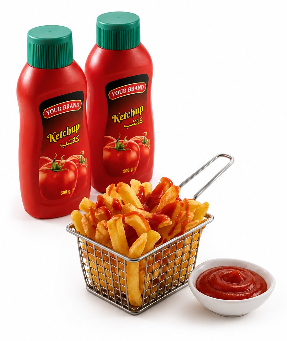 Own-label ketchup bottles beside a basket of fries