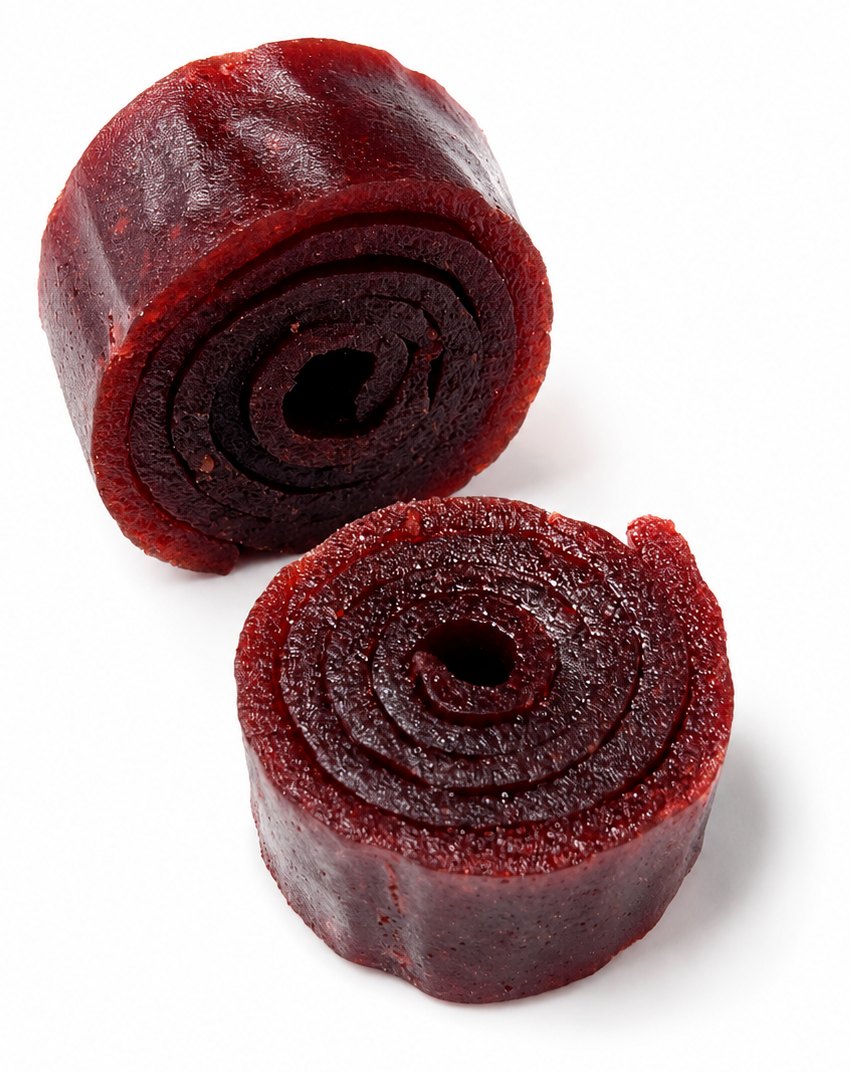 Fruit purée roll-ups, one standing and one cut to show the coil
