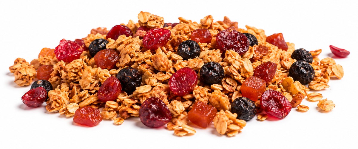 Infused cranberries, cherries and blueberries through granola