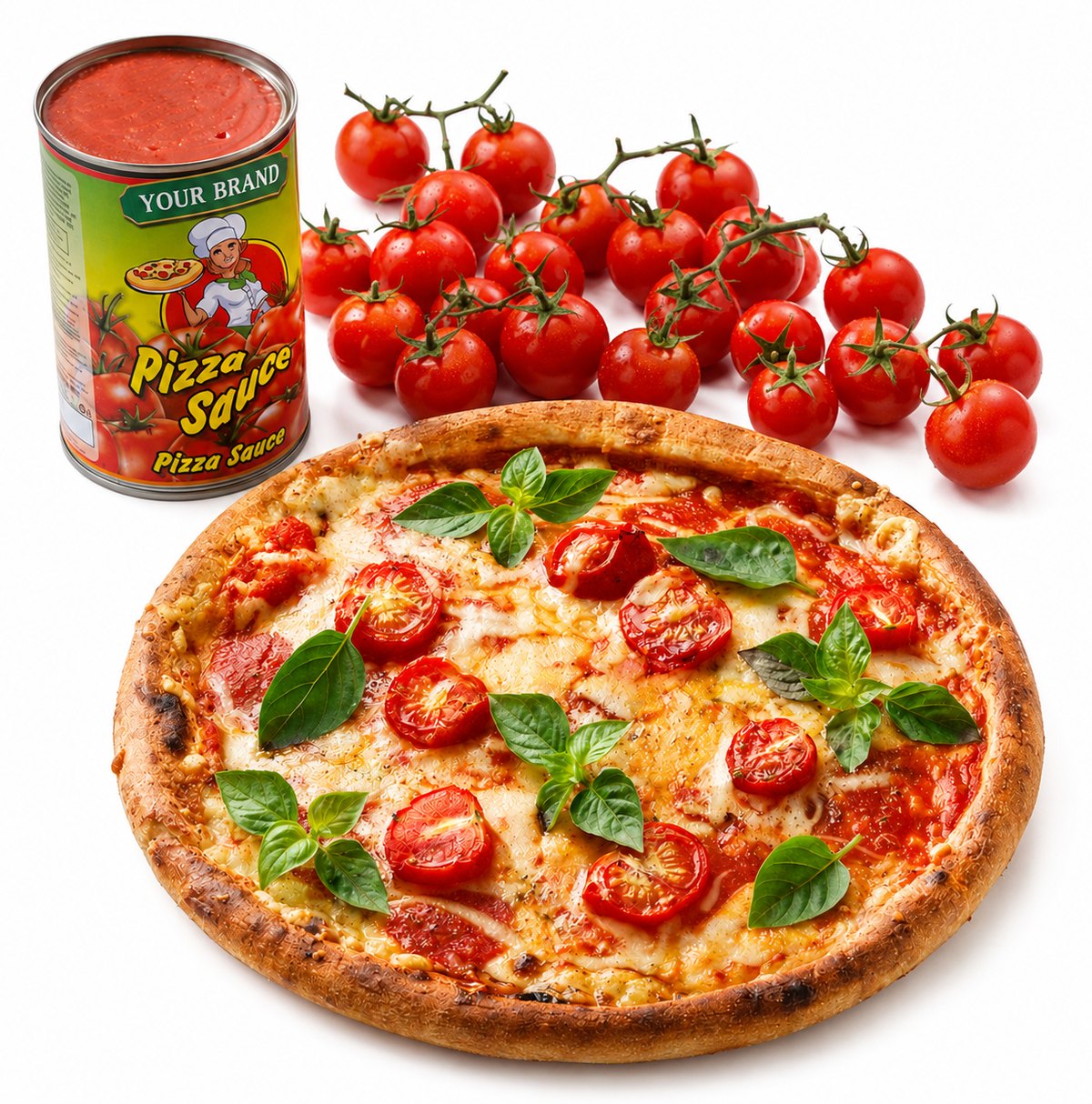 An own-label pizza sauce tin beside a finished margherita