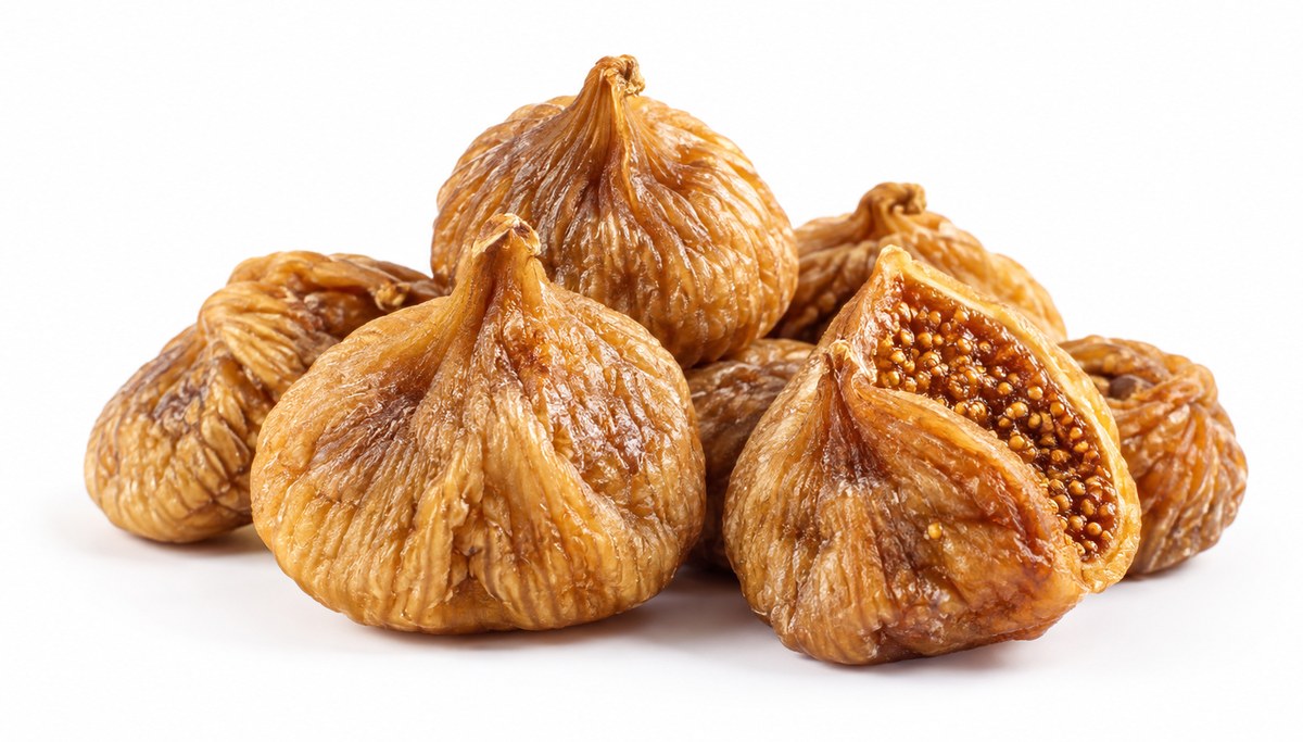 Whole sun-dried Turkish figs, one cut open